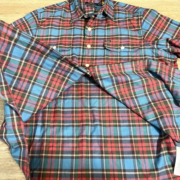 Polo Ralph Lauren Blue Red Performance Flannel Double Button Shirts Men's XL - Picture 9 of 12